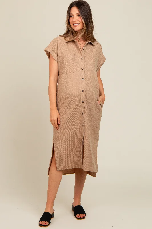 Beige Corduroy Button Down Maternity Midi Dress