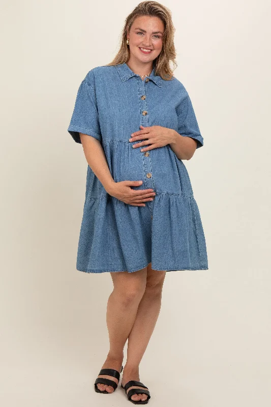 Blue Denim Button Down Tiered Plus Maternity Dress