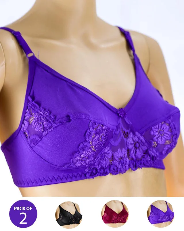 Pack of 2 - Madam Bra - JOY - Non Padded, Non Wired Bra, Soft Jersey Cotton Lace Bra