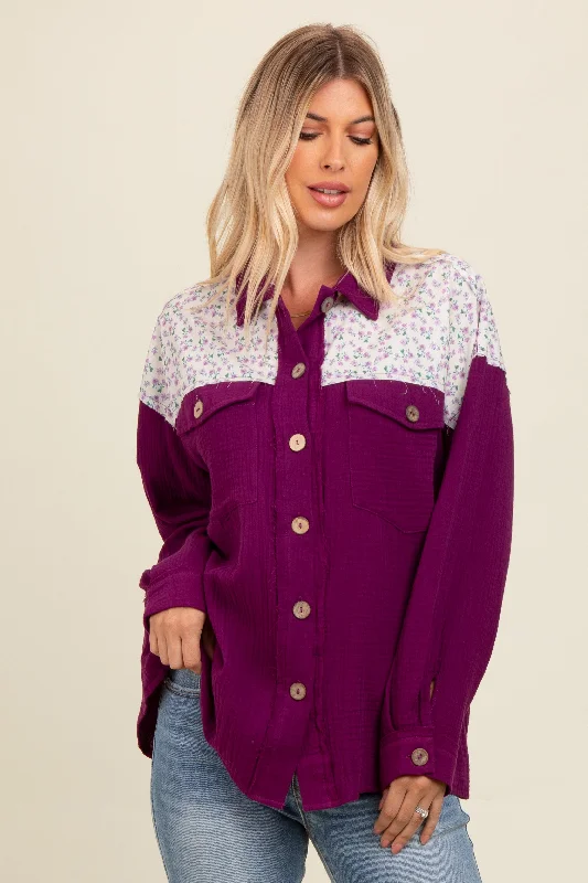 Plum Colorblock Floral Button Down