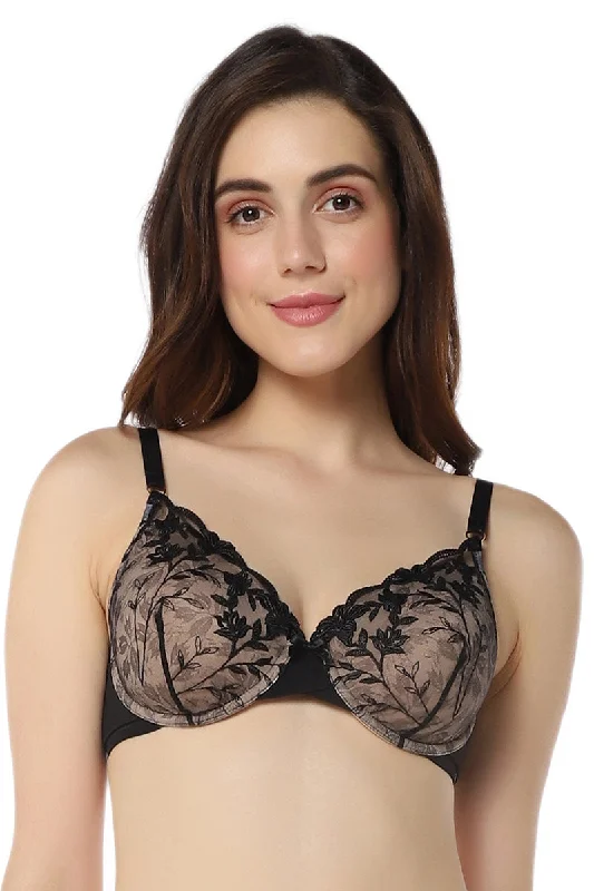 Sheer Luxe Padded Wired Demi Bra - Black & Stucco